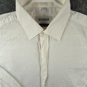 Balmain Men Long Sleeve Shirt Pur Cotton White Size 3 (40) Hidden Buttons Woven